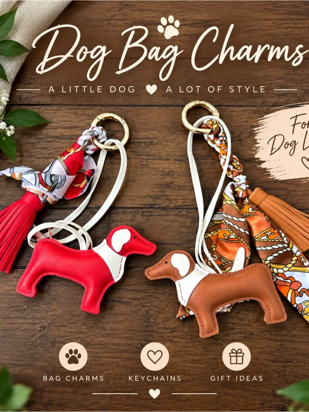 Cute Dog Bag Charm Keychain with Scarf & Tassel – Red